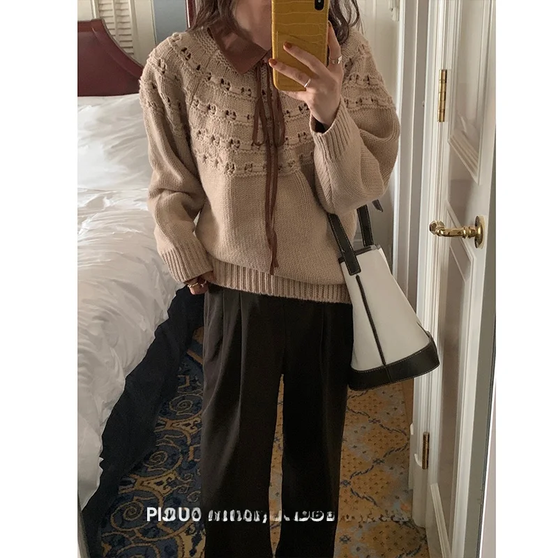Khaki Hollow out Knitwear for Women Loose Korean Style Long Sleeve round Neck Sweater Commute Style Casual Fashion Autumn Wear
Khaki Hollow out Knitwear for Women Loose Korean Style Long Sleeve round Neck Sweater Commute Style Casual Fashion Autumn Wear