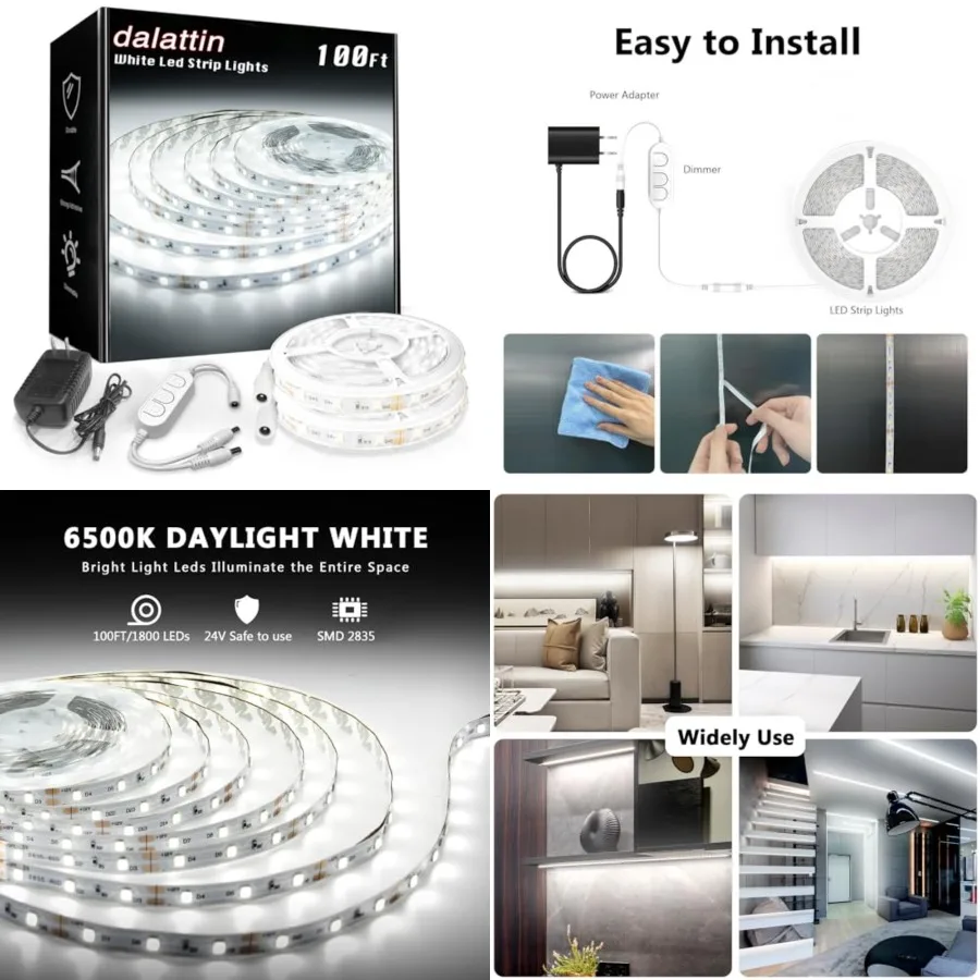 White LED Strip Lights 100Feet, Dimmable Bright 24V Led Light Strip Daylight 1800 LEDs Lights for Bedroom, Mirror, Kitchen, Str
White LED Strip Lights 100Feet, Dimmable Bright 24V Led Light Strip Daylight 1800 LEDs Lights for Bedroom, Mirror, Kitchen, Str