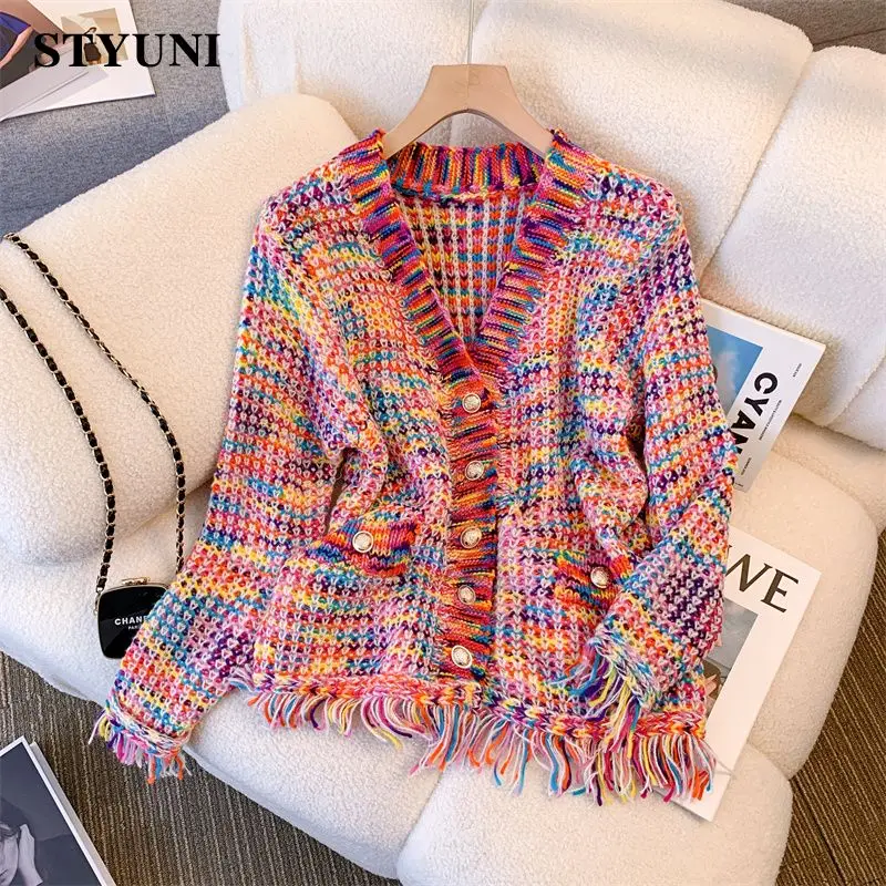 Rainbow V-Neck Single-breasted Acrylic Knitted Mohair Women's Cardigan Tassel Vintage Long Sleeve Korean Fashion Female Cardigan
Rainbow V-Neck Single-breasted Acrylic Knitted Mohair Women's Cardigan Tassel Vintage Long Sleeve Korean Fashion Female Cardigan