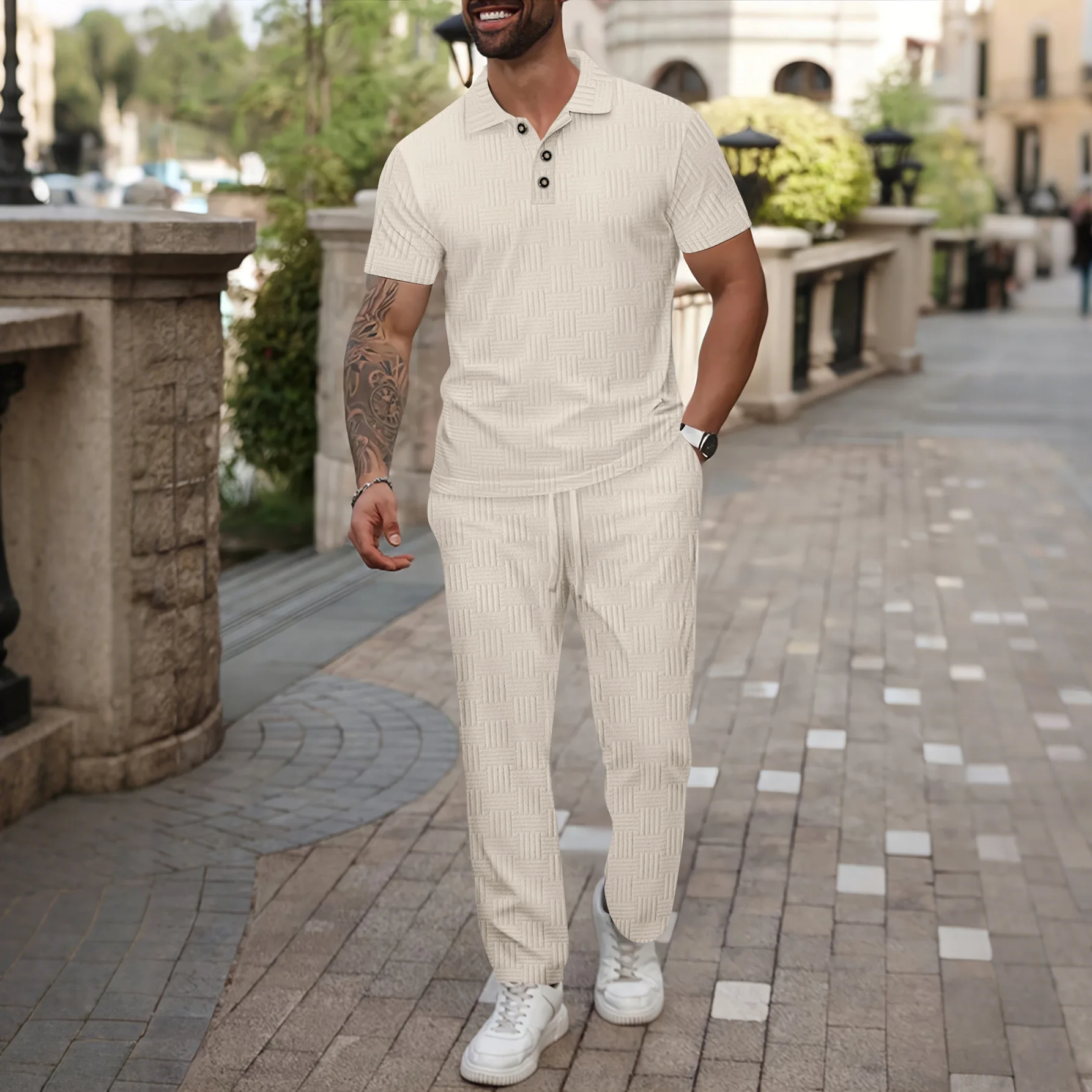 Summer Men's Solid-Color Jacquard Lapel Polo Shirt And Long Pants Casual Set Short-Sleeved European And American Style
Summer Men's Solid-Color Jacquard Lapel Polo Shirt And Long Pants Casual Set Short-Sleeved European And American Style