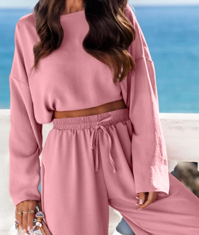 Women's Trousers Two-Piece Outfits New Fashion Round Neck Long Sleeve Top & Casual Tied Waist Wide Leg Pants Set for Women
Women's Trousers Two-Piece Outfits New Fashion Round Neck Long Sleeve Top & Casual Tied Waist Wide Leg Pants Set for Women