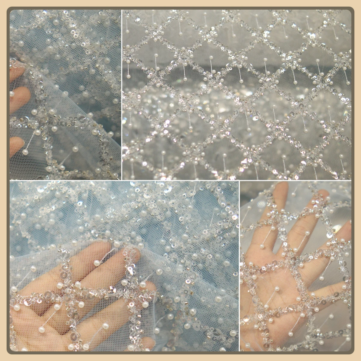 Blue Pearl Sequin Mesh Fabric Grid Embroidery Glitter Tulle Material for Dress Gown DIY Craft Stage Performance Decoration
Blue Pearl Sequin Mesh Fabric Grid Embroidery Glitter Tulle Material for Dress Gown DIY Craft Stage Performance Decoration