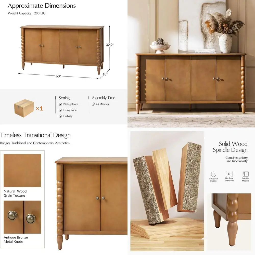 60" Sideboard Cabinet with Spindle Design, Transitional Storage Cabinet with 4 Do, Adjustable Shelves, Solid Wood Legs or Living
60" Sideboard Cabinet with Spindle Design, Transitional Storage Cabinet with 4 Do, Adjustable Shelves, Solid Wood Legs or Living