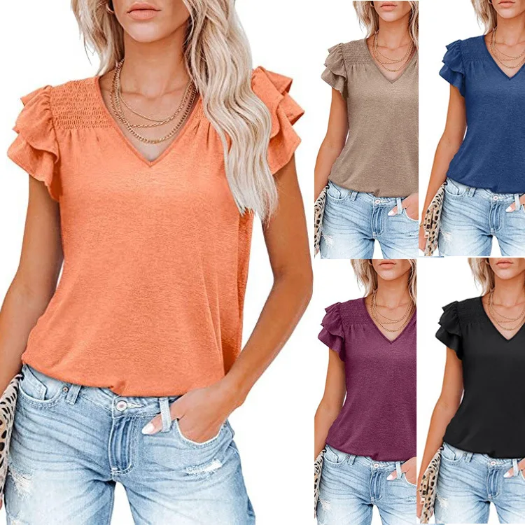 Women Summer Tops Pleated Short Sleeved Blouse Solid Color Casual Loose Fitting T-shirt V-neck Female Clothing Soft Comfy Tees
Women Summer Tops Pleated Short Sleeved Blouse Solid Color Casual Loose Fitting T-shirt V-neck Female Clothing Soft Comfy Tees