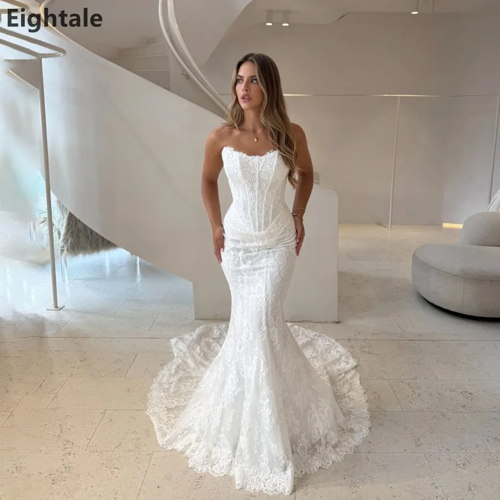 Eightale 2026 Ivory Mermaid Wedding Gown Strapless Lace Corset Backless Floral Lace Train Bridal Dress Customized
Eightale 2026 Ivory Mermaid Wedding Gown Strapless Lace Corset Backless Floral Lace Train Bridal Dress Customized