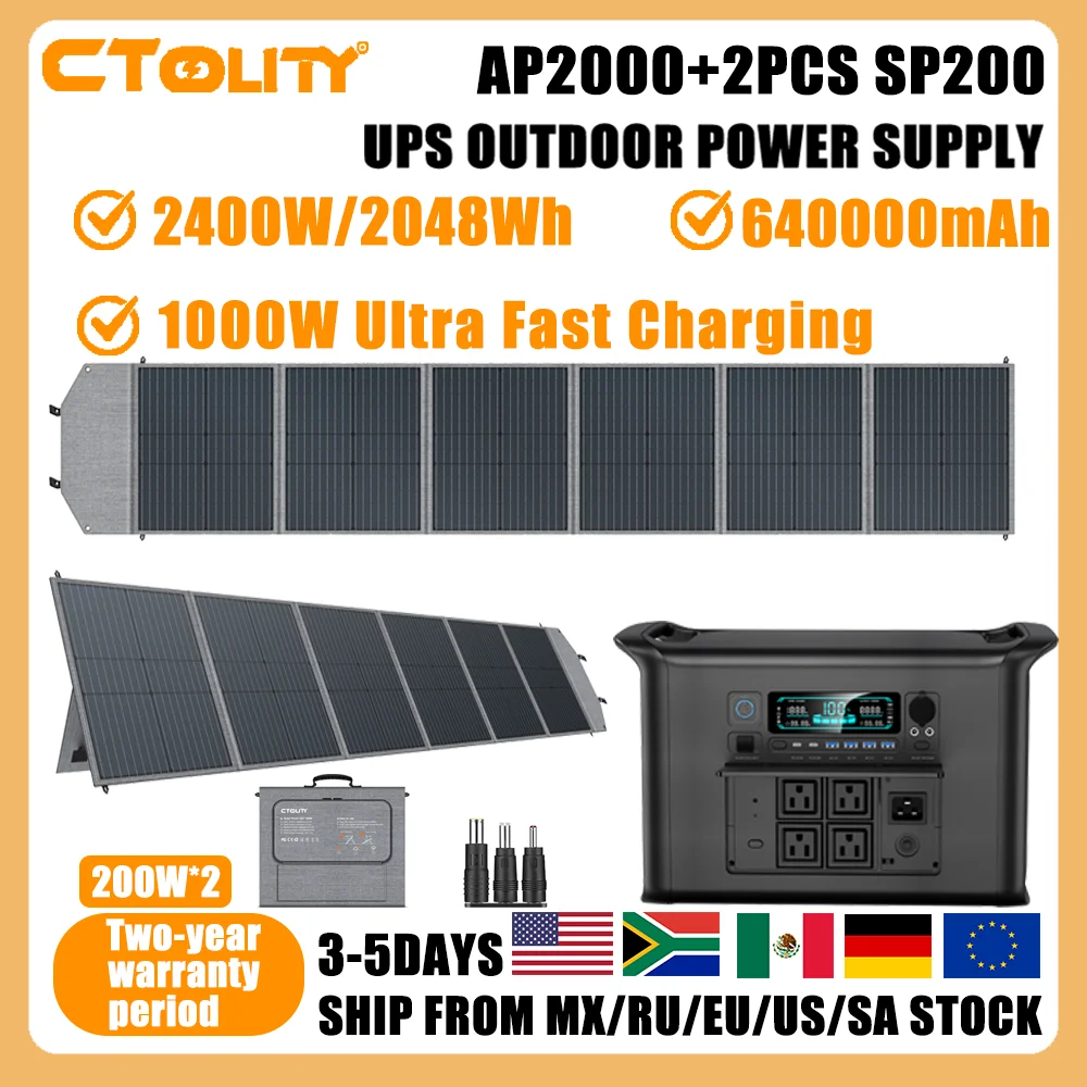 CTOLITY Outdoor Camping AP2000 2400W Fast Charging Portable Power Station Match 2PCS SP200 200W Foldable Portable Solar Panel For Home
CTOLITY Outdoor Camping AP2000 2400W Fast Charging Portable Power Station Match 2PCS SP200 200W Foldable Portable Solar Panel For Home