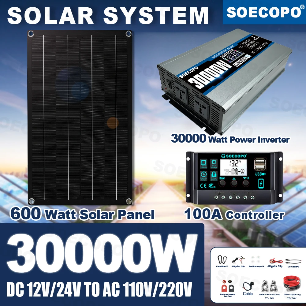 Off Grid SOECOPO 30000W Peak Solar System Kit 600W Panel 100A Controller 12V24V To 110V 220V Inverter Generator for boat Charger
Off Grid SOECOPO 30000W Peak Solar System Kit 600W Panel 100A Controller 12V24V To 110V 220V Inverter Generator for boat Charger
