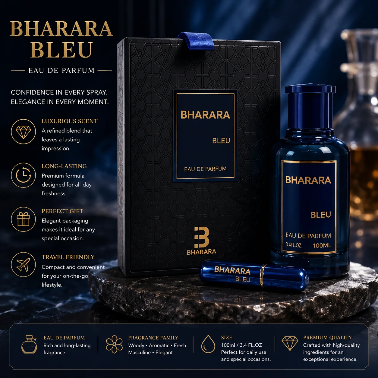 Bharara Bleu Perfume For Men 100ml Long Lasting Arabian Fragrance Eau De Parfum Luxury Gift Set With Travel Spray
Bharara Bleu Perfume For Men 100ml Long Lasting Arabian Fragrance Eau De Parfum Luxury Gift Set With Travel Spray