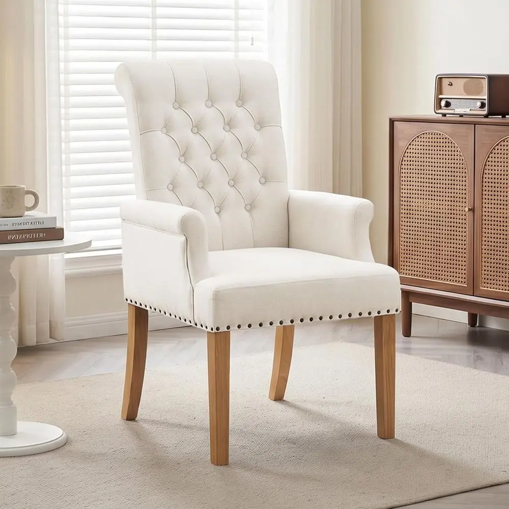 High-Back Upholstered Dining Chairs with Arms and Solid Wood Legs for Living Room, Kitchen in Beige
High-Back Upholstered Dining Chairs with Arms and Solid Wood Legs for Living Room, Kitchen in Beige
