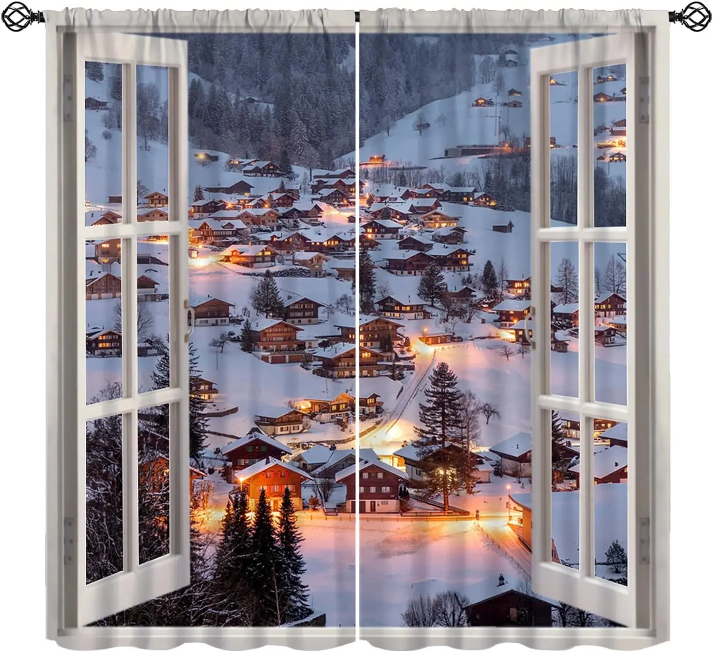 Landscape Curtain, Winter Wonderland Small Town Snow Scene Rustic Style Window Treatments, Retro Rod Pocket Thermal
Landscape Curtain, Winter Wonderland Small Town Snow Scene Rustic Style Window Treatments, Retro Rod Pocket Thermal