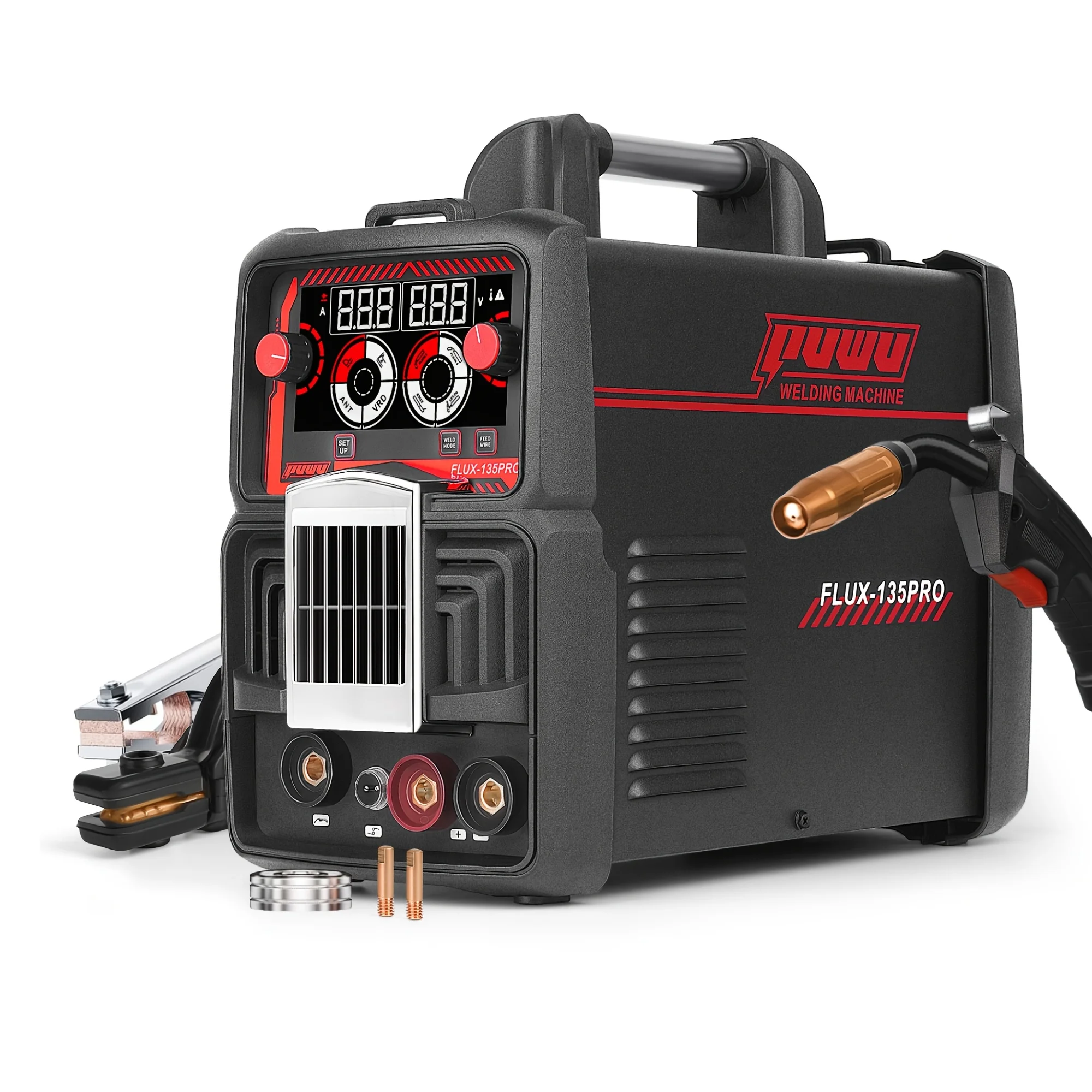 135A 110V MIG Welder For Flux Cored Wire MIG/Lift TIG/Stick 3-in-1 IGBT Inverter LED Digital Display Gas Shielded Welder With Thermal Protection, Thermal Start, Adjustable Arc Force, VRD, And Anti Stick(NOTE: Lift TIG Torch Is Not Included And Can B
135A 110V MIG Welder For Flux Cored Wire MIG/Lift TIG/Stick 3-in-1 IGBT Inverter LED Digital Display Gas Shielded Welder With Thermal Protection, Thermal Start, Adjustable Arc Force, VRD, And Anti Stick(NOTE: Lift TIG Torch Is Not Included And Can B