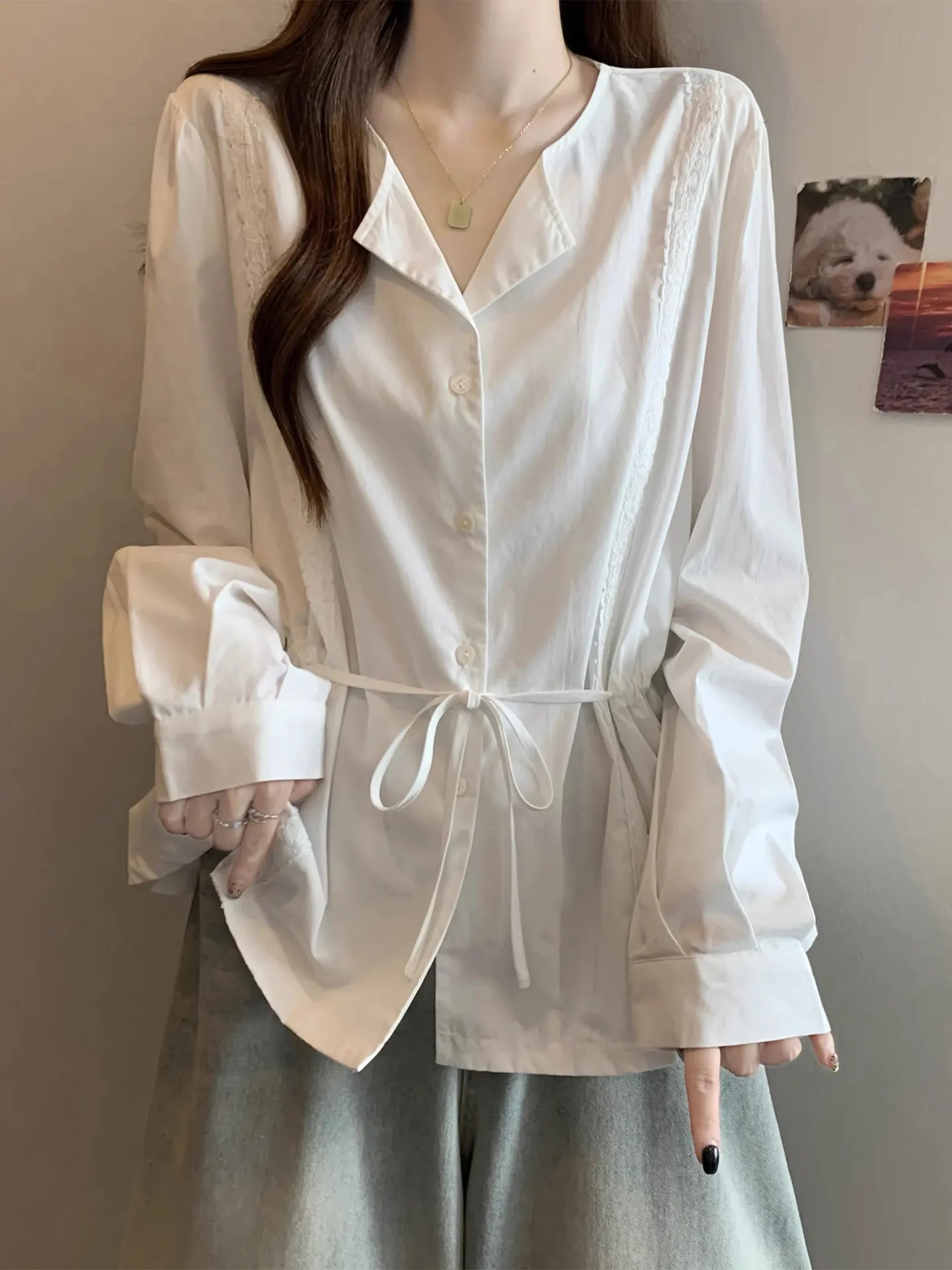 White Lace Splice Long Sve irt Women's plus Size Spring 2026 Casual Sle Loose Fit Belted Waist Slimming Top
White Lace Splice Long Sve irt Women's plus Size Spring 2026 Casual Sle Loose Fit Belted Waist Slimming Top