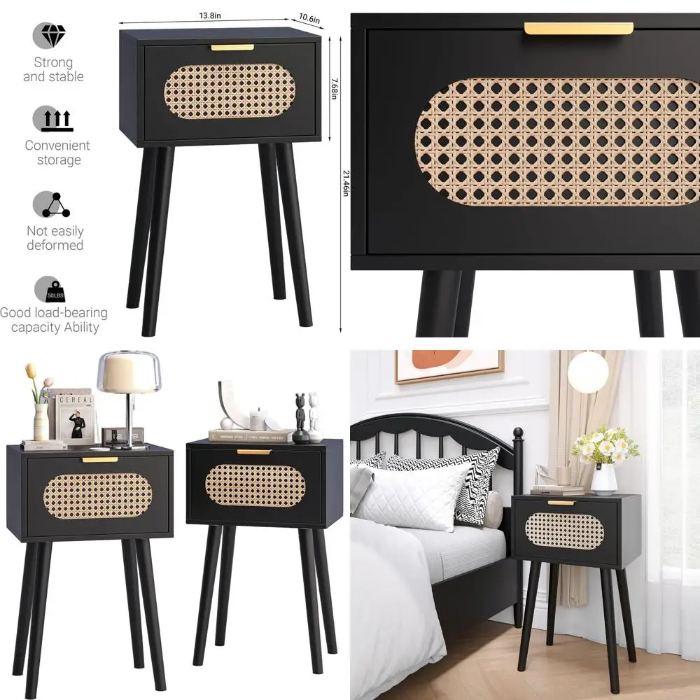 Пара прикроватных тумбочек в богемном стиле с дверцами из ротанга и ножками из массива дерева для спальни, гостиной, черные
Пара прикроватных тумбочек в богемном стиле с дверцами из ротанга и ножками из массива дерева для спальни, гостиной, черные