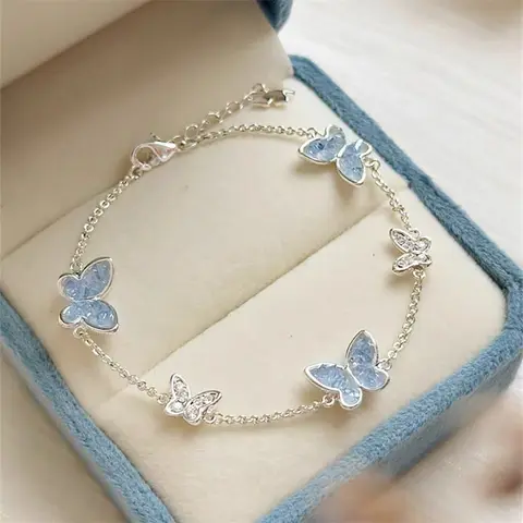 Light Luxury Shiny Zircon Butterfly Bracelet For Women Blue Rhinestone Double Butterfly Necklace Earring Set Party Jewelry