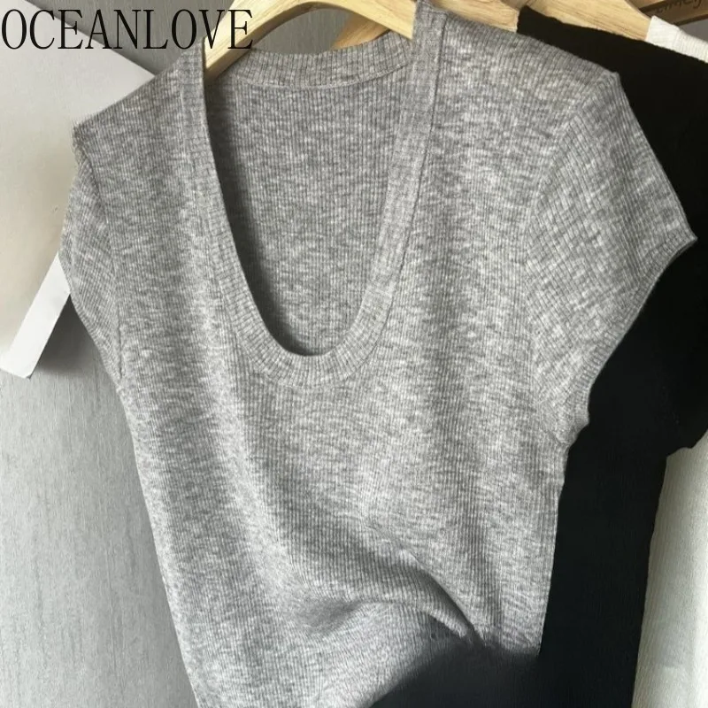 OCEANLOVE вязаная футболка для женщин, однотонная весна-лето, простые базовые футболки Ropa De Mujer в стиле ретро, корейская мода, короткие футболки
OCEANLOVE вязаная футболка для женщин, однотонная весна-лето, простые базовые футболки Ropa De Mujer в стиле ретро, корейская мода, короткие футболки