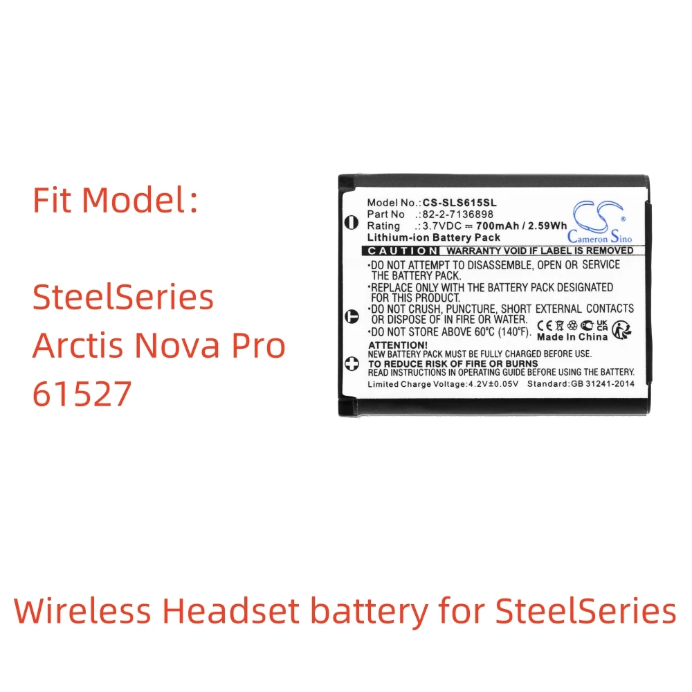 Li-ion Wireless Headset Battery for SteelSeries - 3.7V, 700mAh - Compatible with Arctis Nova Pro (Model: 61527)
Li-ion Wireless Headset Battery for SteelSeries - 3.7V, 700mAh - Compatible with Arctis Nova Pro (Model: 61527)