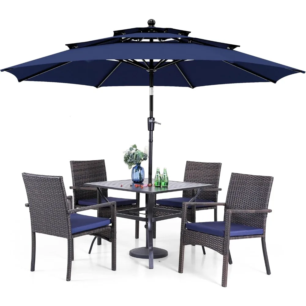 5 Piece Outdoor Dining Set with Umbrella, 37" Square Metal Dining Table & Cushioned Rattan Chairs with 10ft Blue Umbrella
5 Piece Outdoor Dining Set with Umbrella, 37" Square Metal Dining Table & Cushioned Rattan Chairs with 10ft Blue Umbrella