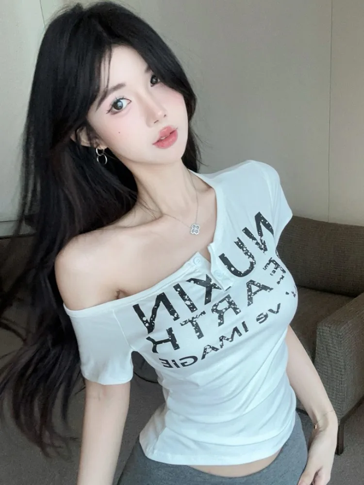 Sexy Spicy Letter Print Asymmetrical Shoulder Short Sleeve T-Shirt Women's Fashionable Summer New Style Versatile Hot Girl ...
Sexy Spicy Letter Print Asymmetrical Shoulder Short Sleeve T-Shirt Women's Fashionable Summer New Style Versatile Hot Girl ...