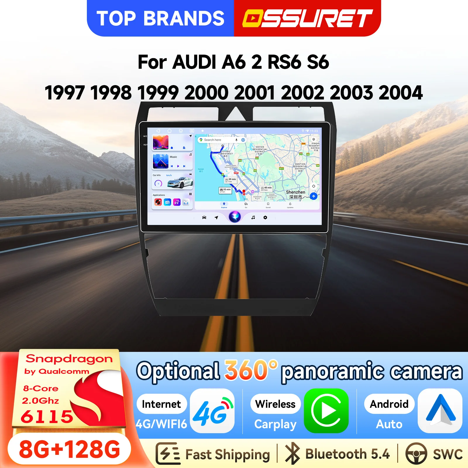 OSSURET Fast Delivery Plug And Play Android 14 Car Head Unit For AUDI A6 2 RS6 S6 1997-2004 by Qualcomm Snapdragon 6115 Octa Core Wireless CarPlay Android Auto Bluetooth Handsfree Stereo Mirror Link CANBUS GPS Navigation Autoradio Car Intelligent System
OSSURET Fast Delivery Plug And Play Android 14 Car Head Unit For AUDI A6 2 RS6 S6 1997-2004 by Qualcomm Snapdragon 6115 Octa Core Wireless CarPlay Android Auto Bluetooth Handsfree Stereo Mirror Link CANBUS GPS Navigation Autoradio Car Intelligent System