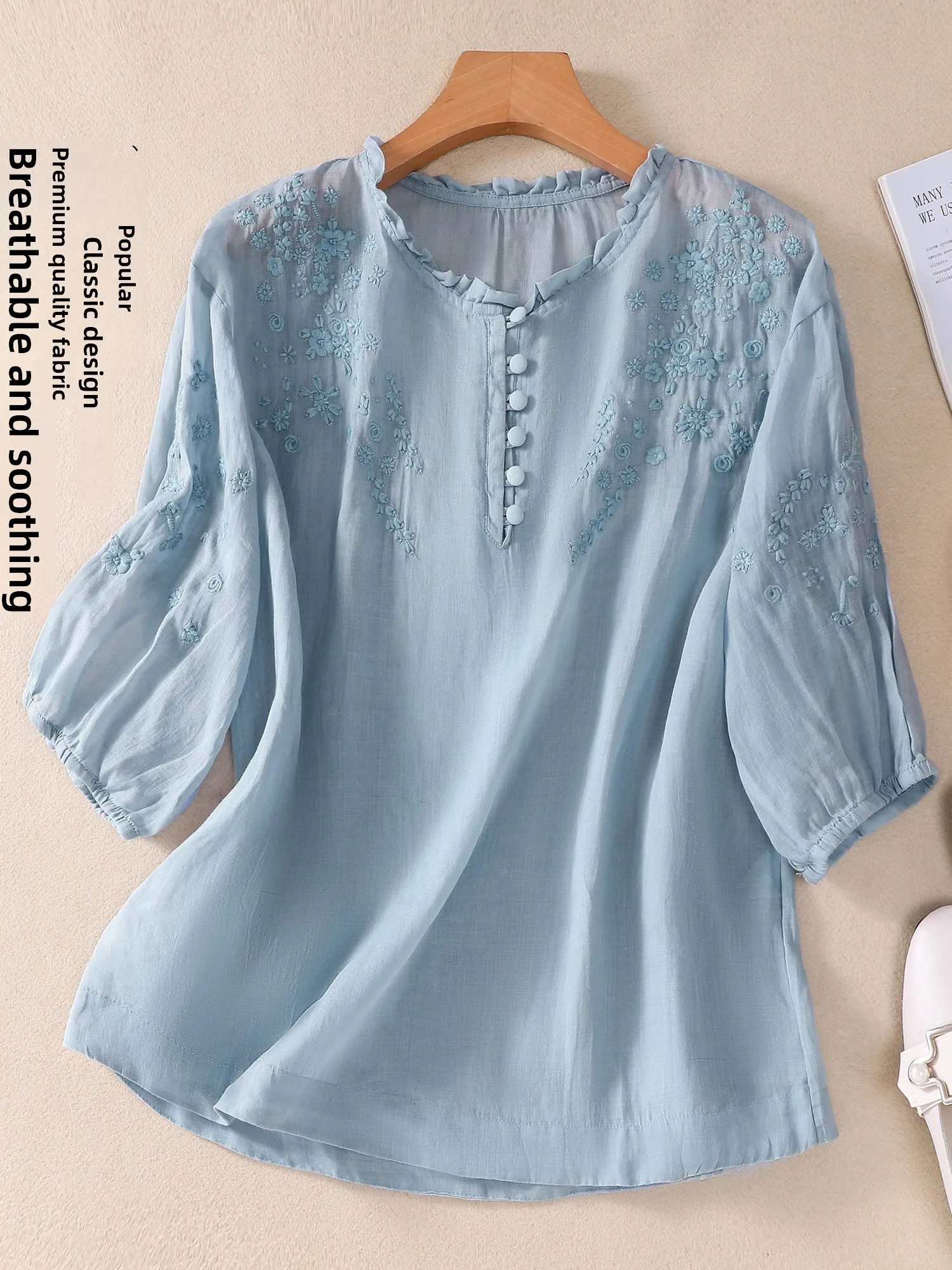 Artistic Embroidered Cotton Linen Shirt Ladies Mom Seven Sleeve Pure Color Linen Top Floral Lace Collar Loose Fit Summer UV P...
Artistic Embroidered Cotton Linen Shirt Ladies Mom Seven Sleeve Pure Color Linen Top Floral Lace Collar Loose Fit Summer UV P...