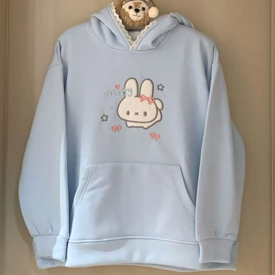 Thicken Warm Fleece Light Blue Sweet Girls Lolita Hoodie Cute Rabbit Cartoon Pullover with Lace Trim Kawaii Casual Sweatshirt
Thicken Warm Fleece Light Blue Sweet Girls Lolita Hoodie Cute Rabbit Cartoon Pullover with Lace Trim Kawaii Casual Sweatshirt
