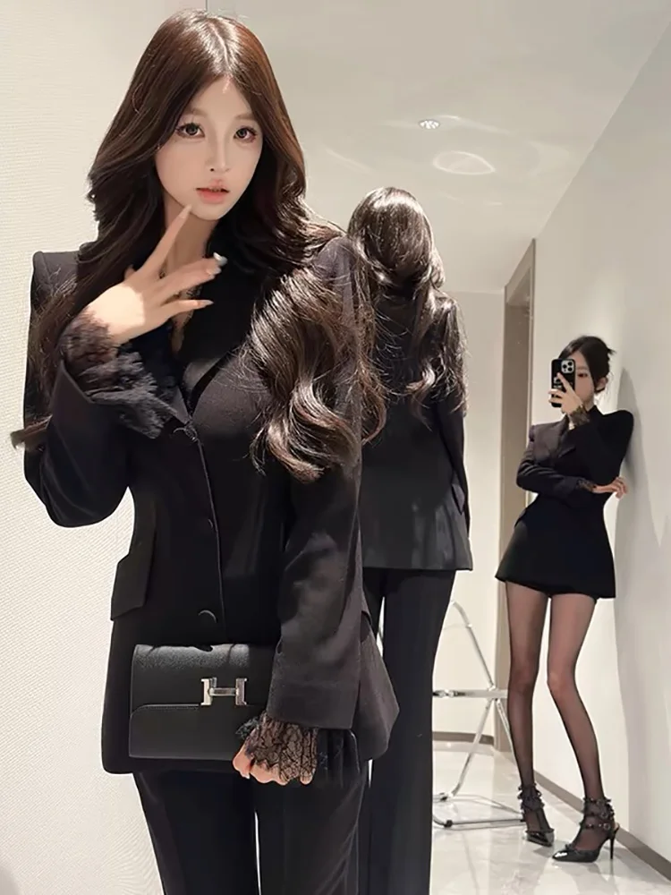 Early Spring New Bla Lace Splicing Design Women's Suit Jaet High Waist Slimming Wide Leg Pants Two-Piece Set Faionable
Early Spring New Bla Lace Splicing Design Women's Suit Jaet High Waist Slimming Wide Leg Pants Two-Piece Set Faionable