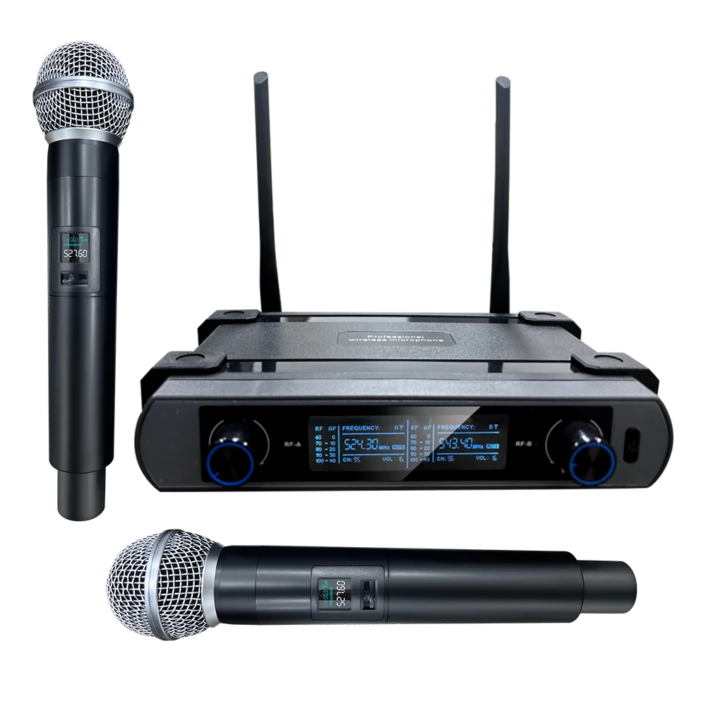 Professional 2 Channel UHF Wireless Microphone System For Karaoke With One Transmitter And Two Handheld Mics
Professional 2 Channel UHF Wireless Microphone System For Karaoke With One Transmitter And Two Handheld Mics