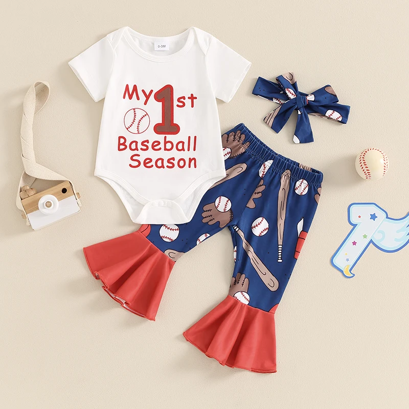 

2024-04-03 Lioraitiin Baby Girl Summer Outfits Letter Baseball Print Short Sleeve Rompers Flare Pants Headband 3Pcs Clothes Set