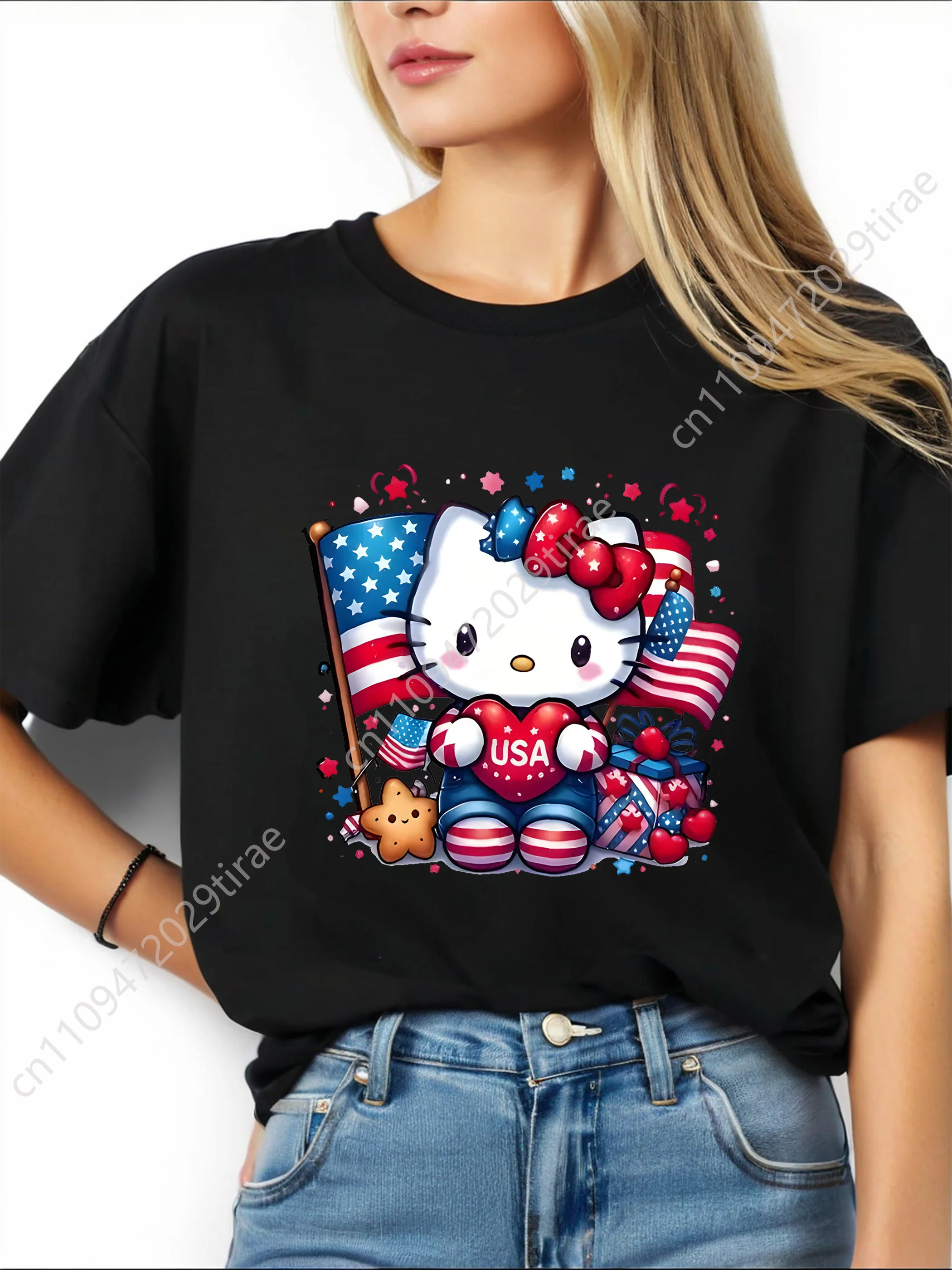 Sanrio Authorized Hello Kitty Sweet Cool USA American Flag Print T-Shirt Women Summer Casual Short Sleeve
Sanrio Authorized Hello Kitty Sweet Cool USA American Flag Print T-Shirt Women Summer Casual Short Sleeve