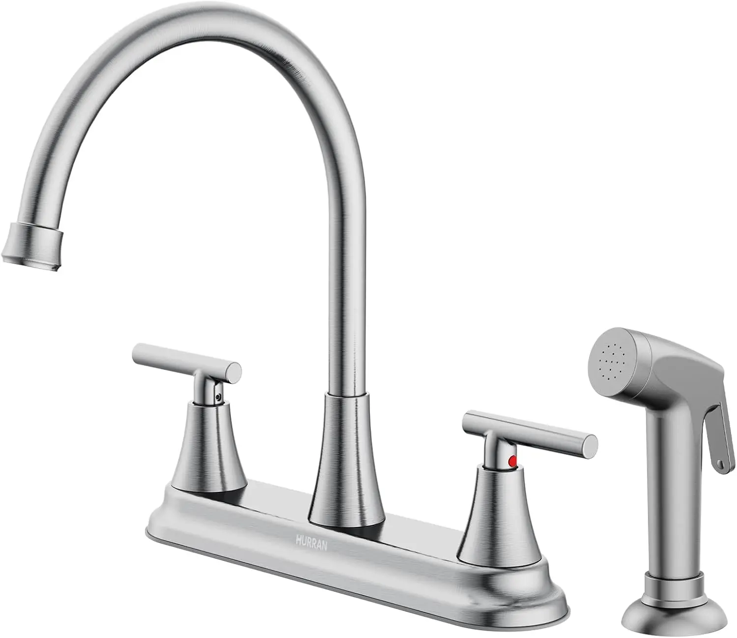2-Handle Kitchen Faucet with Pull-Out Side Sprayer, 8" High Arc 360° Swivel, 4-Hole, Brushed Nickel
2-Handle Kitchen Faucet with Pull-Out Side Sprayer, 8" High Arc 360° Swivel, 4-Hole, Brushed Nickel