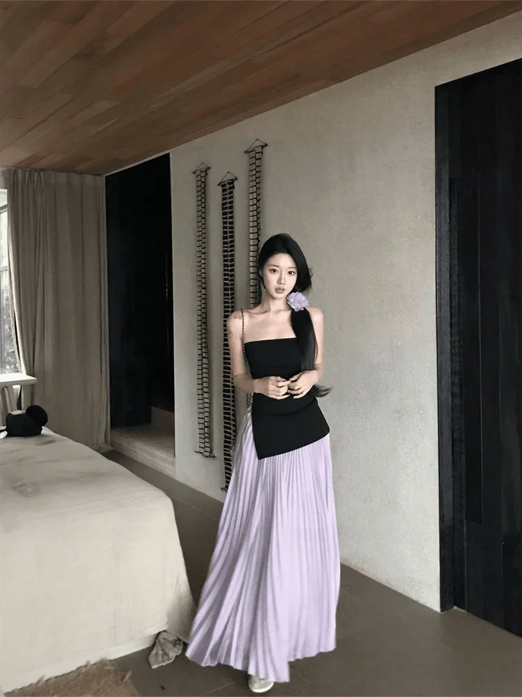 Chic Black Strapless Vest And Skirt Set for Women Sexy Two-Piece Outfit Purple Skirt Casual Workwear Autumn Spring Summer
Chic Black Strapless Vest And Skirt Set for Women Sexy Two-Piece Outfit Purple Skirt Casual Workwear Autumn Spring Summer