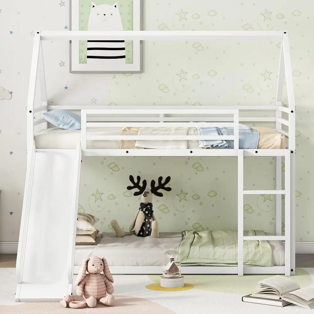 Twin Over Twin Bunk Beds with Slide, Metal Kids Bunk Bed with Built-in Ladder, White
Twin Over Twin Bunk Beds with Slide, Metal Kids Bunk Bed with Built-in Ladder, White