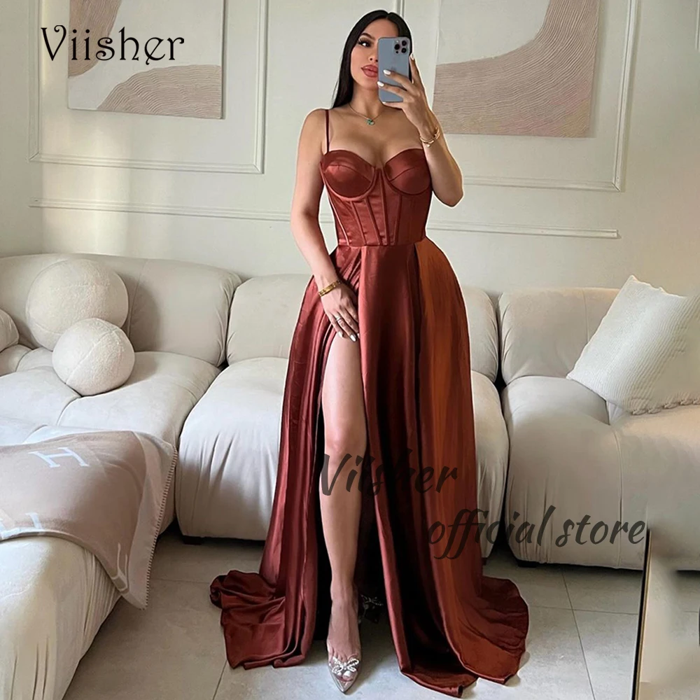 Viisher Brown Satin Evening Dresses with Slit Sweetheart Formal Prom Dress Spaghetti Straps Elegant Prom Party Gowns Backless
Viisher Brown Satin Evening Dresses with Slit Sweetheart Formal Prom Dress Spaghetti Straps Elegant Prom Party Gowns Backless