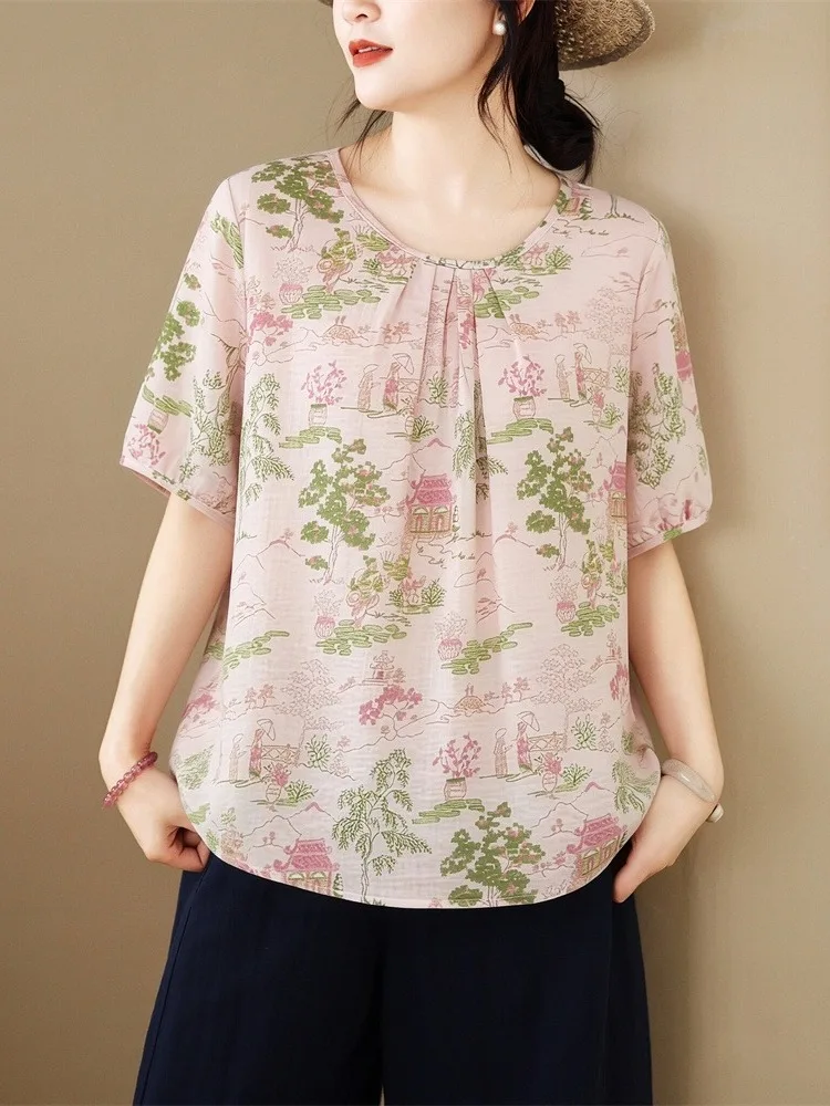 Loose Fit round Neck Short Sleeve Linen T-Shirt Women's plus Size Casual Comfortable Breathable Folded Design Printed Top
Loose Fit round Neck Short Sleeve Linen T-Shirt Women's plus Size Casual Comfortable Breathable Folded Design Printed Top