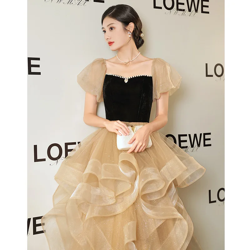 Champagne Puffy Dresses Women Square Neck Bubble Sleeve Tiered Cocktail Dress Elegant Exquisite Pearl Appliques Prom Gown
Champagne Puffy Dresses Women Square Neck Bubble Sleeve Tiered Cocktail Dress Elegant Exquisite Pearl Appliques Prom Gown