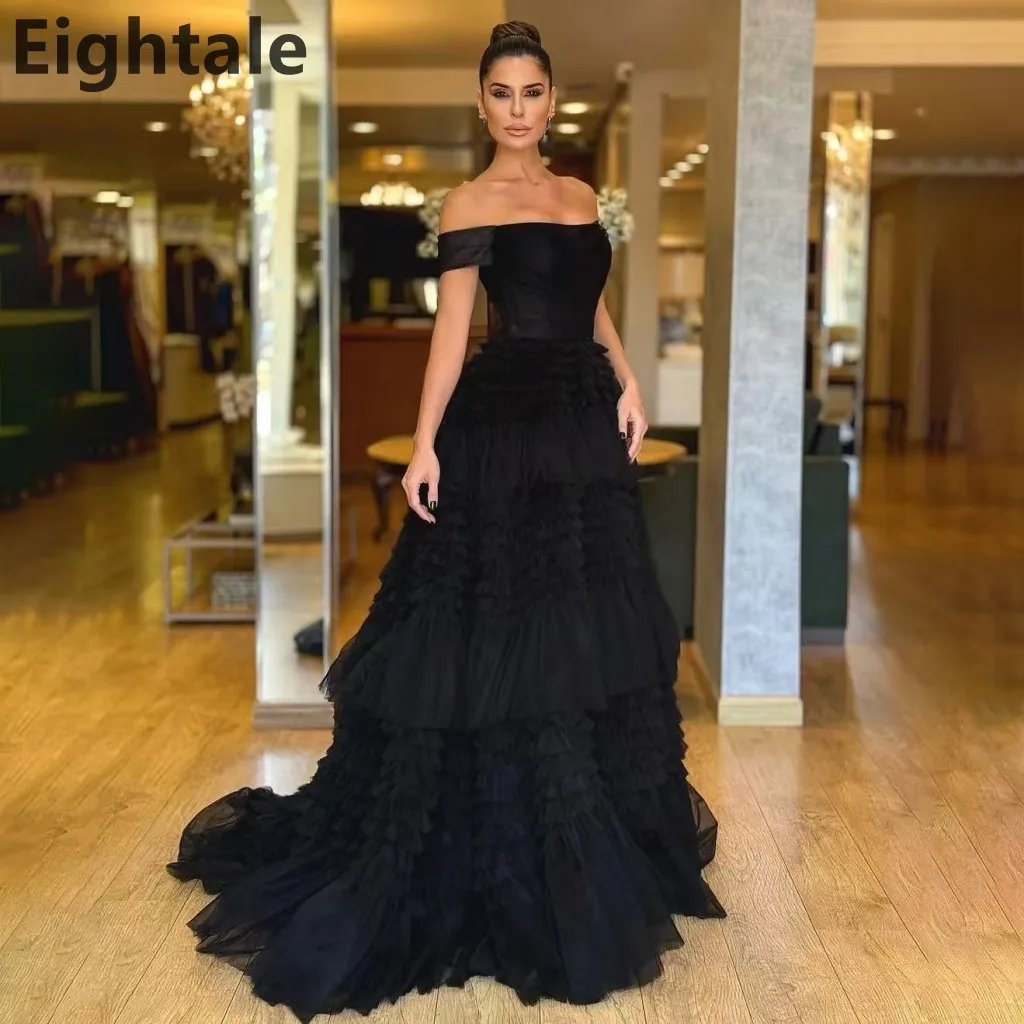 Eightale Black Tulle A-Line Evening Dress Off-Shoulder Prom Dress with Tiered Ruffles Floor-Length Maxi Party Gown Customized
Eightale Black Tulle A-Line Evening Dress Off-Shoulder Prom Dress with Tiered Ruffles Floor-Length Maxi Party Gown Customized