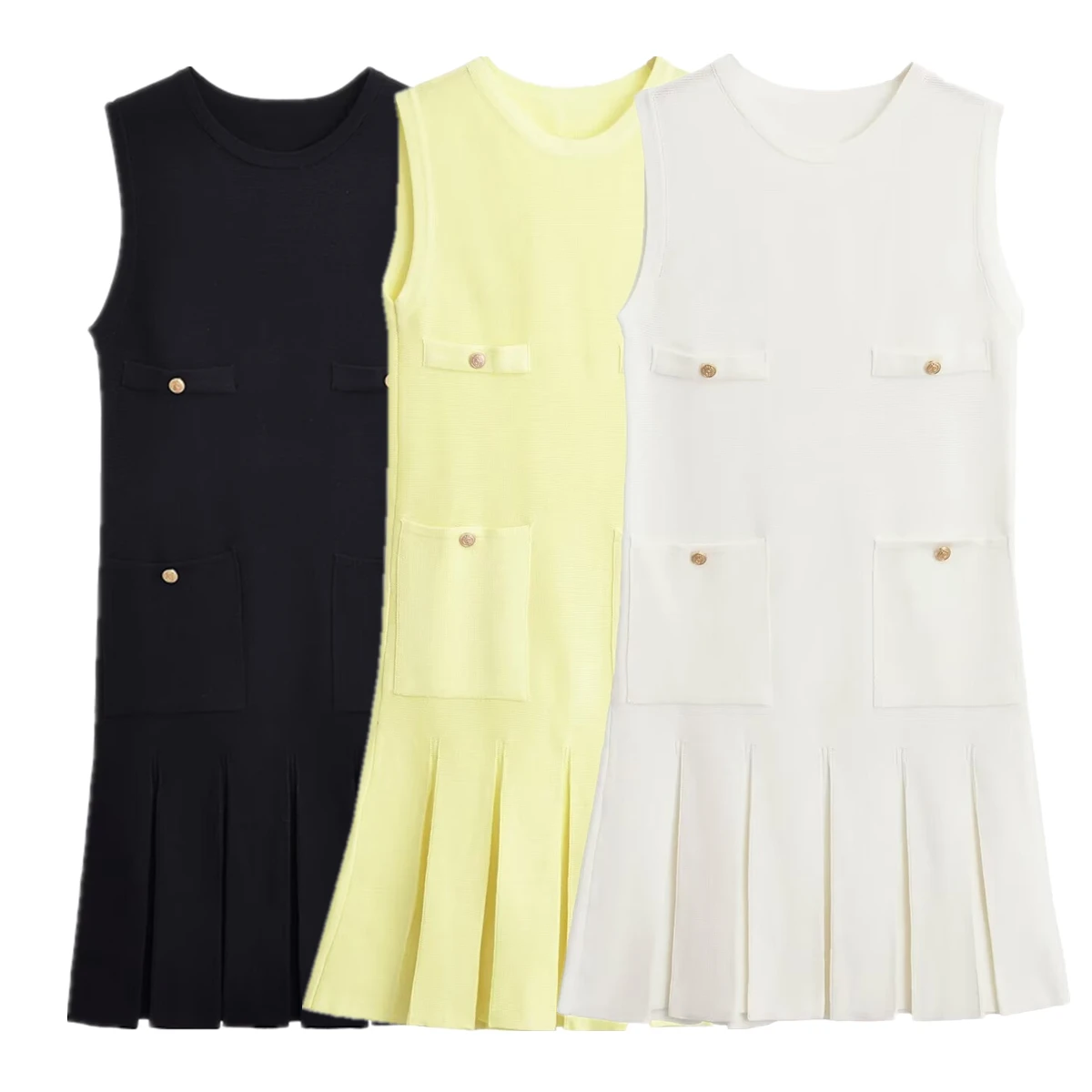 Maxdutti With Gold Button Sleeveless Slim Vestidos Knitted Dress Minimalist Solid Color Mini Dress Women
Maxdutti With Gold Button Sleeveless Slim Vestidos Knitted Dress Minimalist Solid Color Mini Dress Women