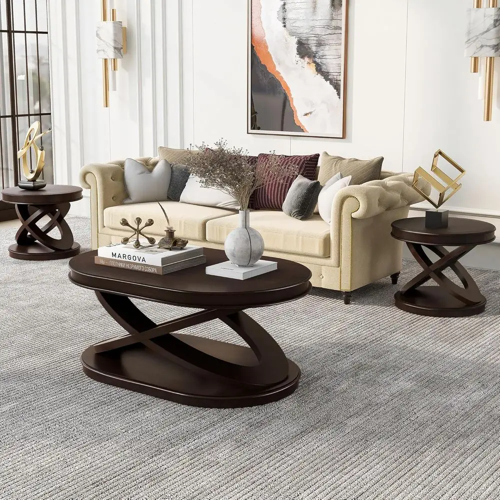 3-Piece Wooden Living Room Coffee Table Set with 44 Oval Table and 2 Round End Tables
3-Piece Wooden Living Room Coffee Table Set with 44 Oval Table and 2 Round End Tables