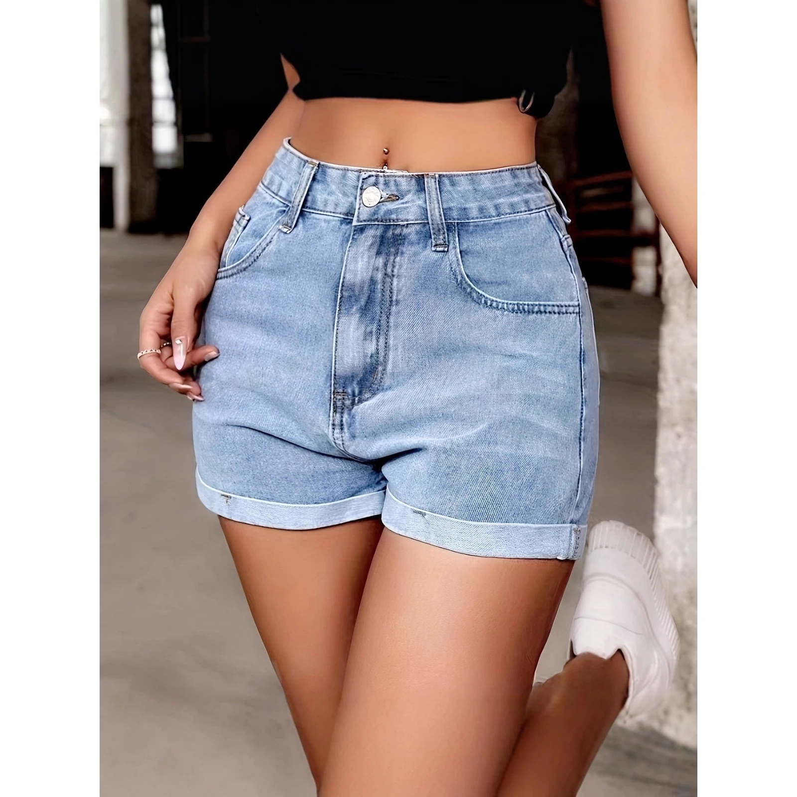 High Waist Straight Leg Color Denim Cuffed Shorts Women's Casual Summer Fashion High Waist Acetate Fiber Pocket Detail
High Waist Straight Leg Color Denim Cuffed Shorts Women's Casual Summer Fashion High Waist Acetate Fiber Pocket Detail