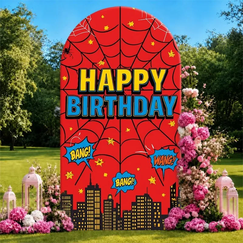 Single Side Arch Backdrop Cover Spiderweb Themed Birthday Background Banner with City Skyline and Comic Sound Effects
Single Side Arch Backdrop Cover Spiderweb Themed Birthday Background Banner with City Skyline and Comic Sound Effects