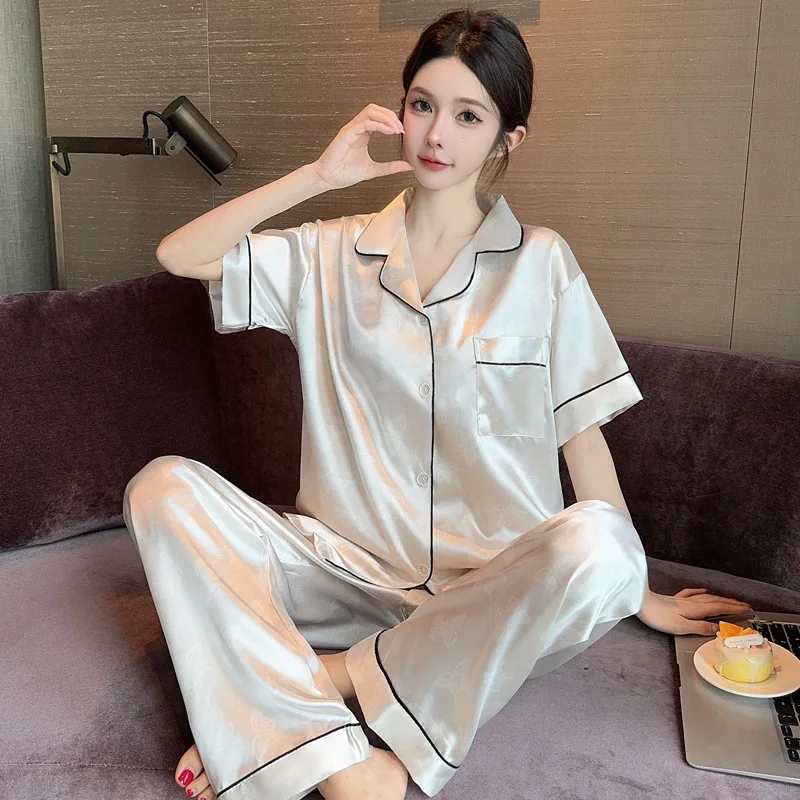 Summer New Ice Silk Women's Short-Sleeve Pajamas, High-End Women's Long Pants, Loose and Comfortable Elegant Pajama Homewear Set
Summer New Ice Silk Women's Short-Sleeve Pajamas, High-End Women's Long Pants, Loose and Comfortable Elegant Pajama Homewear Set