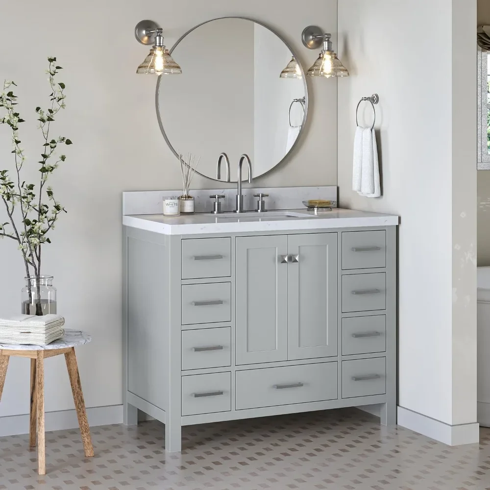 42" Grey Bathroom Vanity, 1.5" Edge Carrara White Quartz Countertop, 2 Soft Closing Doors, 9 Full Extension Dovetail Drawers
42" Grey Bathroom Vanity, 1.5" Edge Carrara White Quartz Countertop, 2 Soft Closing Doors, 9 Full Extension Dovetail Drawers