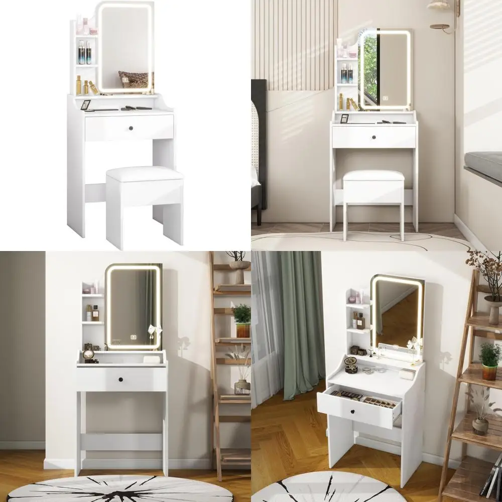 Компактный туалетный столик с подсветкой, зеркалом, складной панелью, 1 ящиком и 3 полками для макияжа.
Компактный туалетный столик с подсветкой, зеркалом, складной панелью, 1 ящиком и 3 полками для макияжа.