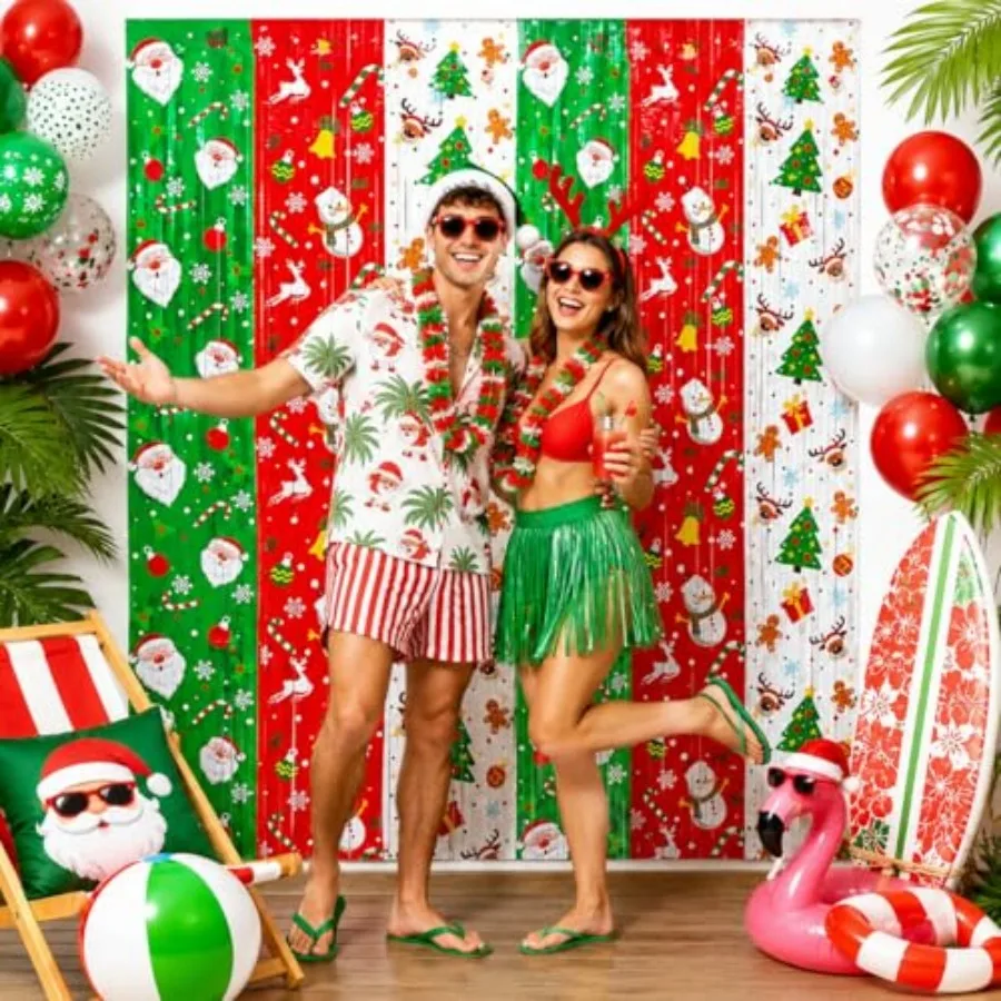 3 Pack Printed Christmas Foil Fringe Curtains, Red Green Tinsel Backdrop with Santa and Reindeer Patterns - Photo Booth Props f
3 Pack Printed Christmas Foil Fringe Curtains, Red Green Tinsel Backdrop with Santa and Reindeer Patterns - Photo Booth Props f