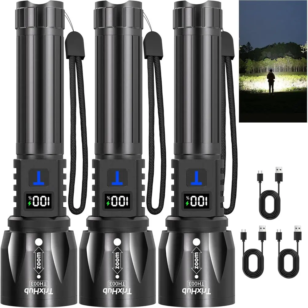 Rechargeable 3-Pack High Lumens LED Flashlights with LCD Digital Display