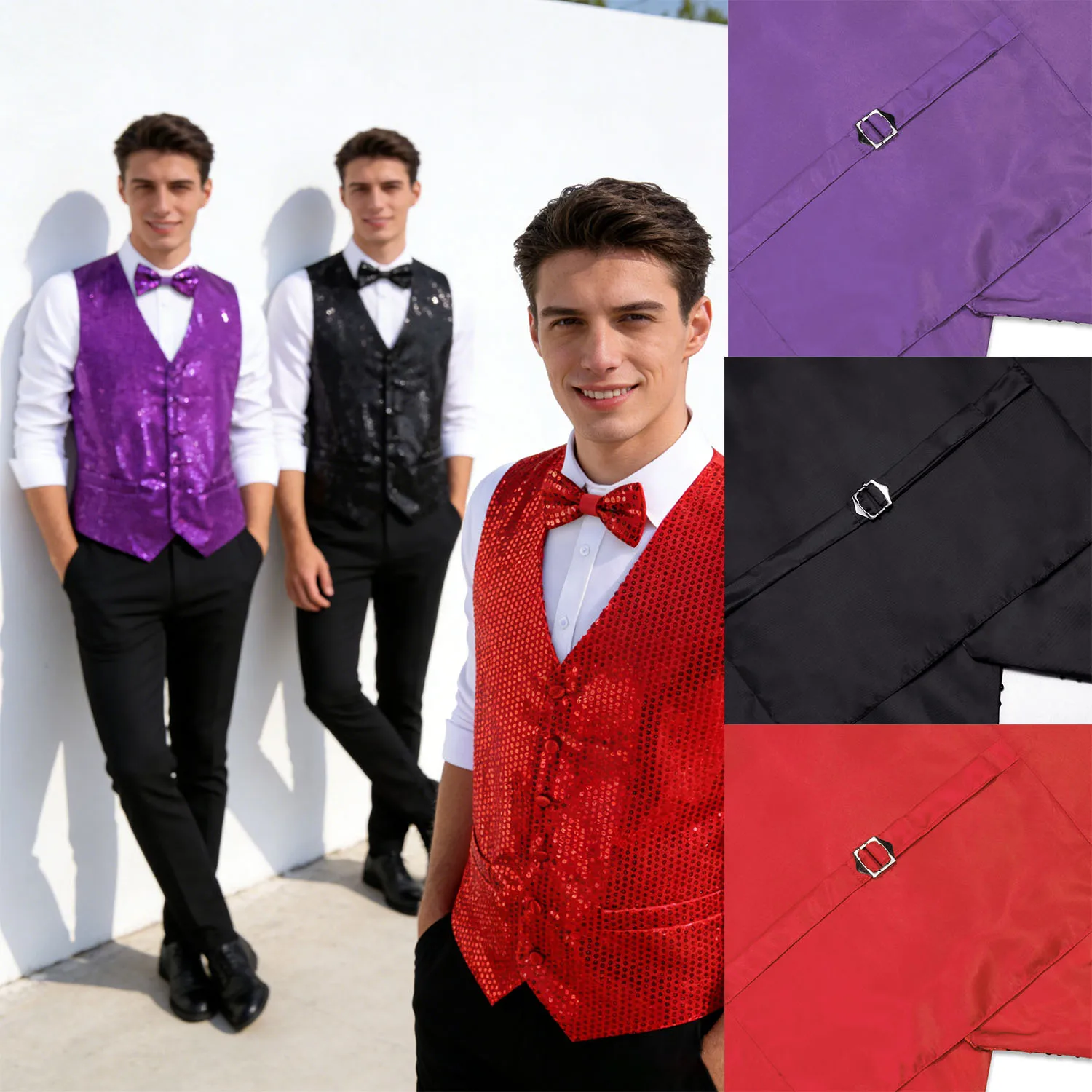 Премиальный комплект: жилет с пайетками и галстук-бабочка – варианты в зеленом, фиолетовом и цвете фуксии для торжественных мероприятий и тематических вечеринок.
Премиальный комплект: жилет с пайетками и галстук-бабочка – варианты в зеленом, фиолетовом и цвете фуксии для торжественных мероприятий и тематических вечеринок.