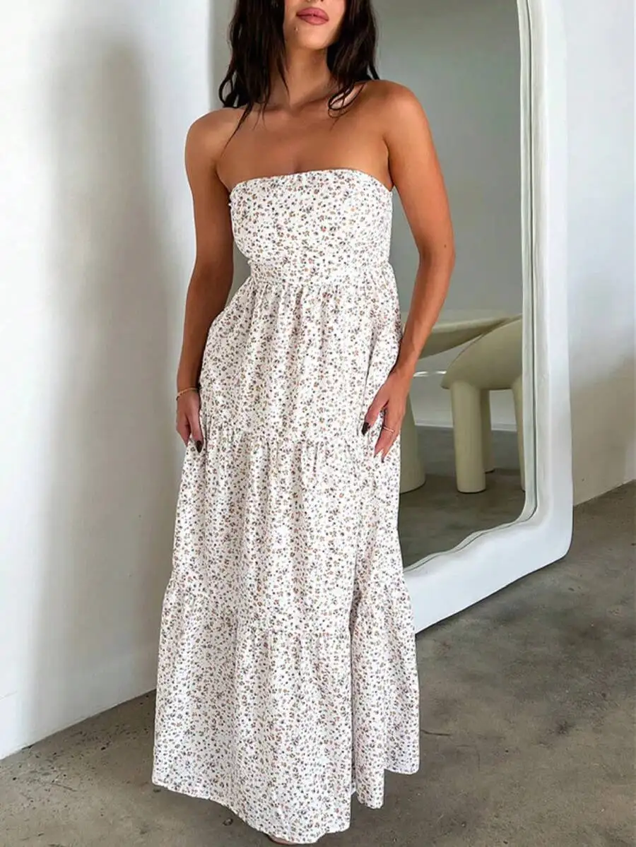 White Ditsy Floral Strapless Maxi Dress With Smocked Bodice, Tiered Ruffle Skirt, Open Back, Summer Beach Vacation Wear
White Ditsy Floral Strapless Maxi Dress With Smocked Bodice, Tiered Ruffle Skirt, Open Back, Summer Beach Vacation Wear