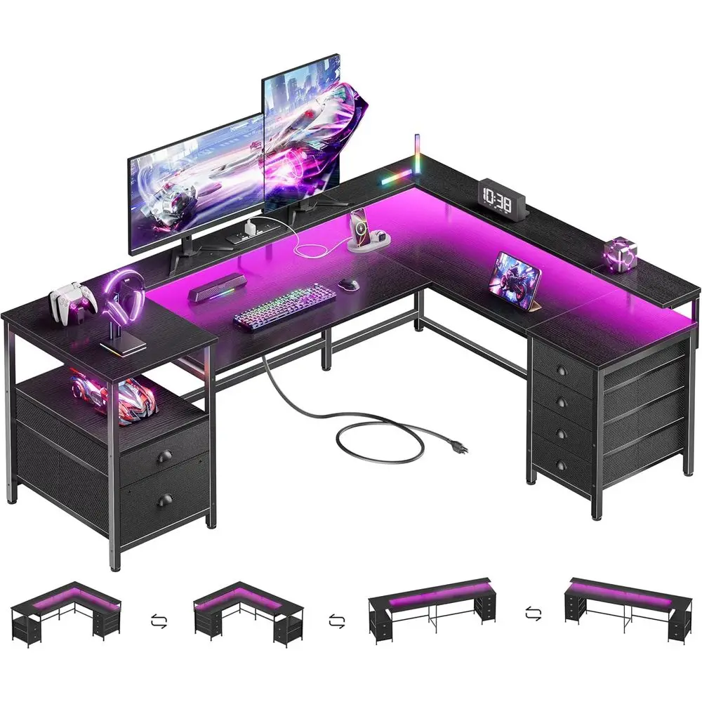 Reversible 66 L-Shaped Gaming Desk with 6 Drawers, Printer Storage, Power Outlets, LED Lights, and Monitor Stand - Black
Reversible 66 L-Shaped Gaming Desk with 6 Drawers, Printer Storage, Power Outlets, LED Lights, and Monitor Stand - Black