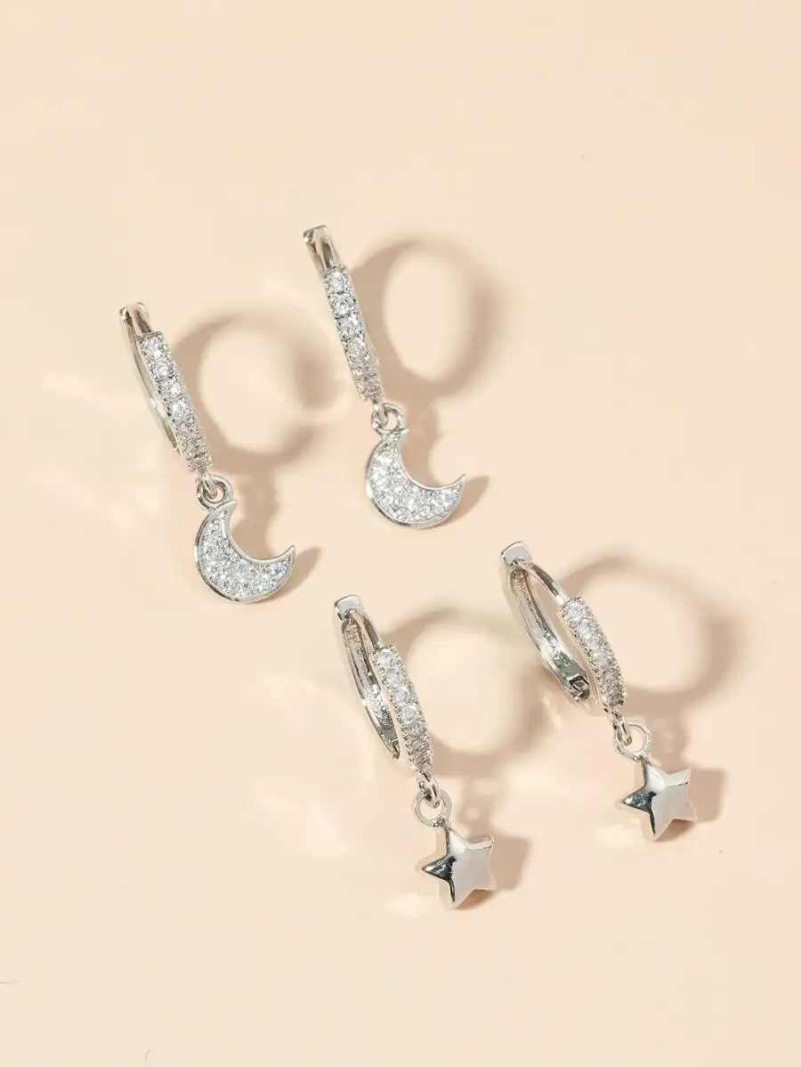 4pcs Set Copper Alloy Cubic Zirconia Hoop Earrings With Star And Moon Charms For Women
4pcs Set Copper Alloy Cubic Zirconia Hoop Earrings With Star And Moon Charms For Women