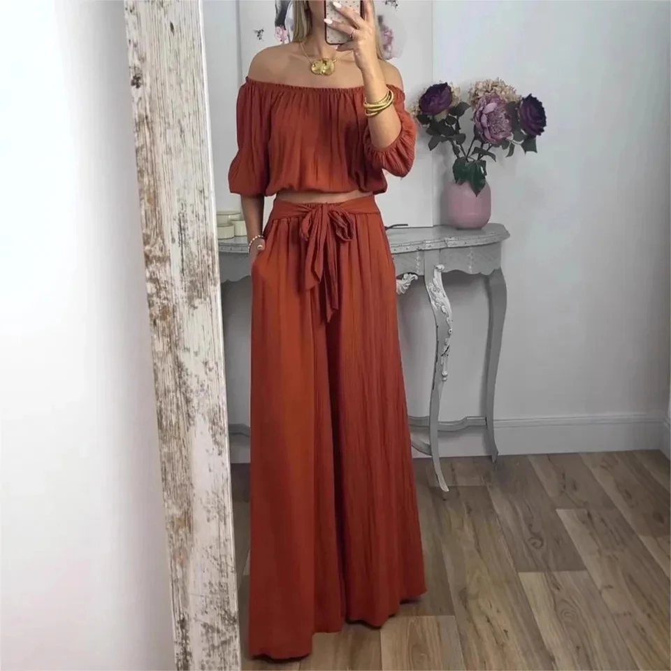 Sexy One-shoulder Short Half Sleeve Top Set Women Spring Elegant Fashion Pocket Cinching Lace-up Wide Leg Long Pants 2-piece Set
Sexy One-shoulder Short Half Sleeve Top Set Women Spring Elegant Fashion Pocket Cinching Lace-up Wide Leg Long Pants 2-piece Set
